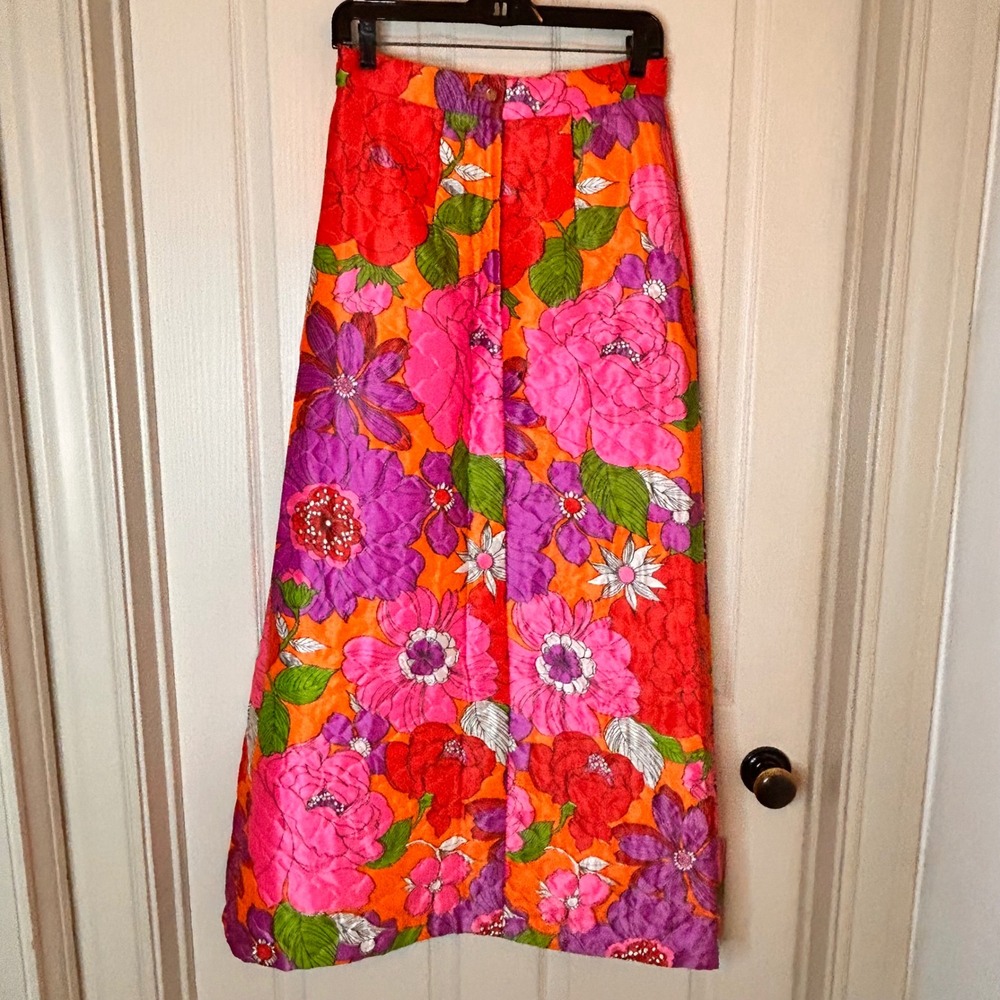 Vintage Quilted Floral Maxi Skirt High Waisted Pink Orange Psychedelic 60s 70s